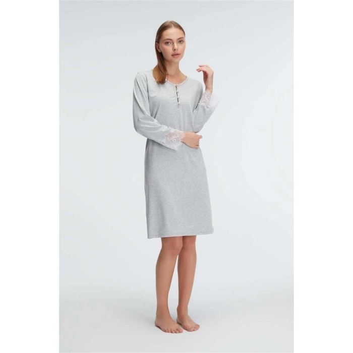 MARSiLYAN- Anıl 11312 Kol V Yaka Kadın Polyester Elastan DÜZ Yazlık Örme Normal Bel Mini Dantel Detaylı Gecelik