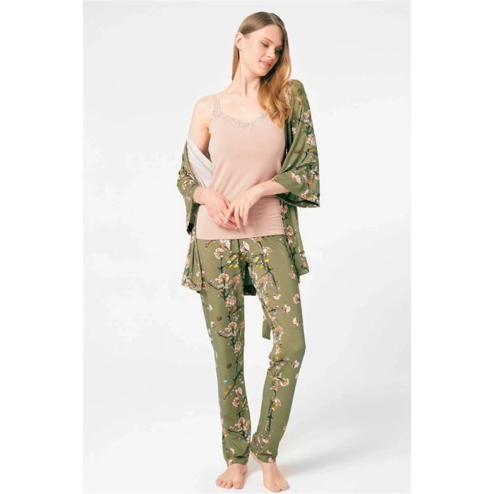 MARSiLYAN- Anıl 5792 İp Askılı V Yaka Viskon Çiçek Desenli Kışlık Örme Normal Bel Bağlamalı Dantel Detaylı Pijama Takımı Sabahlık