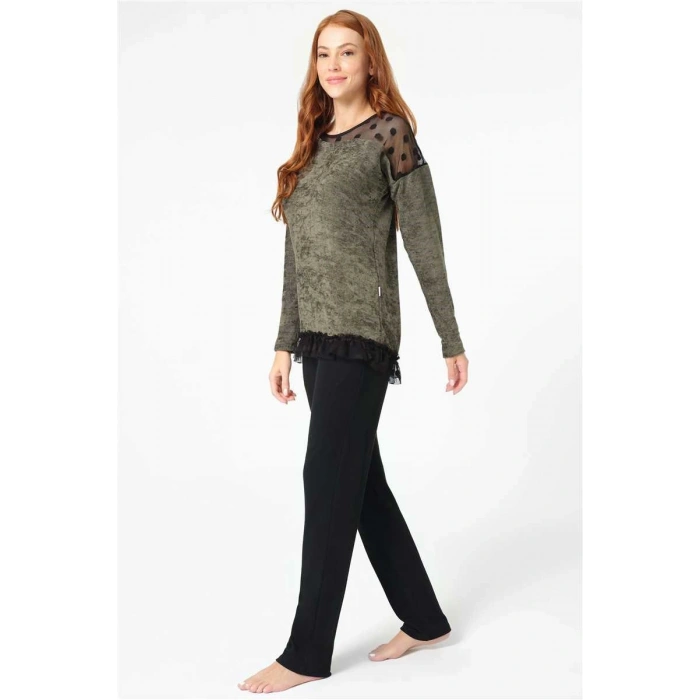 MARSiLYAN- Anıl 9084 Uzun Kol Bisiklet Yaka Polyester Elastan düz Kışlık Örme Normal Bel Transparan Tül Detaylı Pijama Takımı