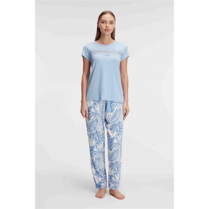 MARSiLYAN- Anıl 9885 Kısa Kol Bisiklet Yaka Kadın Viskon Çiçek Desenli Yazlık ÖRME Dantel Detaylı Pijama Takımı