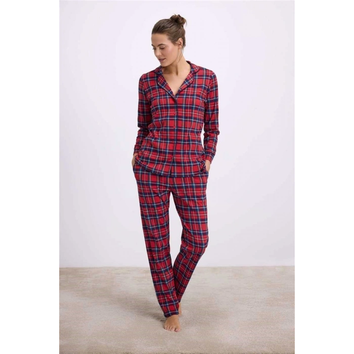 MARSiLYAN- Anıl Kadın Uzun Kol Düğmeli Gömlek ve Ekose Pantolon Pijama Takımı 11580