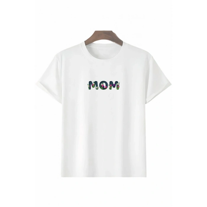 MARSiLYAN- Anneler Gününe Özel Tasarım Mom Çiçek Baskılı T-shirt - Beyaz
