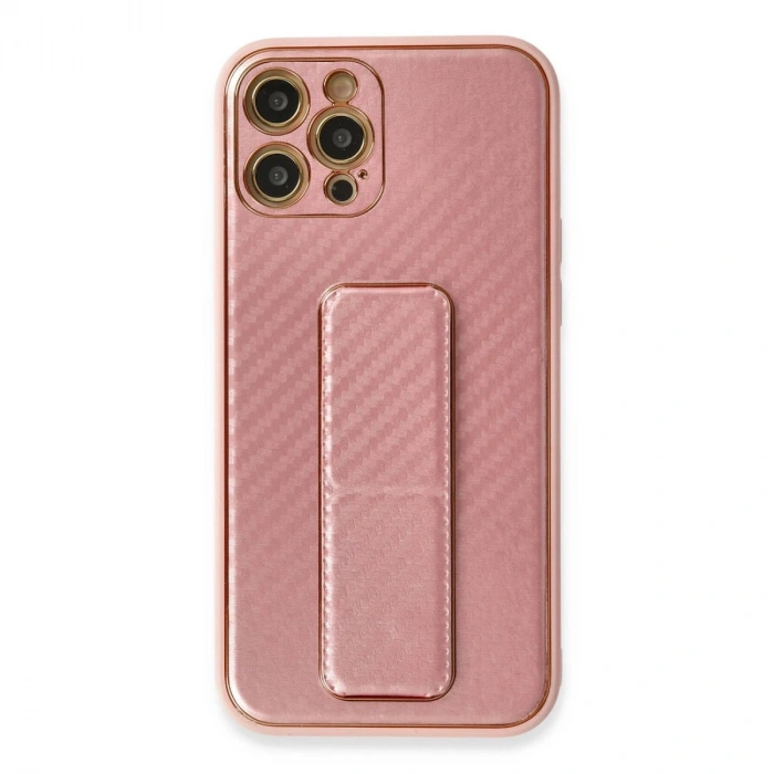 MARSİLYAN™- Apple İphone 12 Pro Kılıf Coco Karbon Standlı Kapak - Pembe