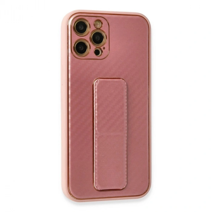 MARSİLYAN™- Apple İphone 12 Pro Kılıf Coco Karbon Standlı Kapak - Pembe