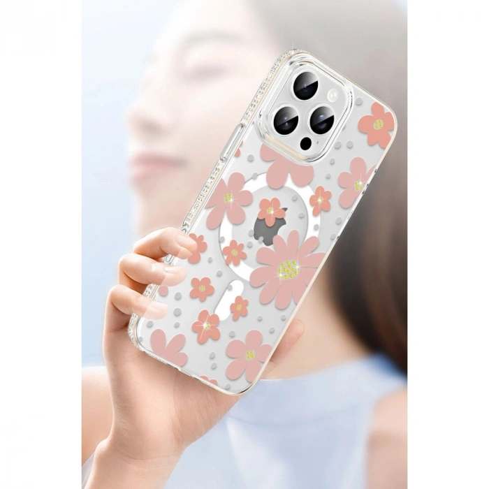 MARSİLYAN™-  Apple İphone 14 Pro Max Floral Magsafe Kapak - Turuncu