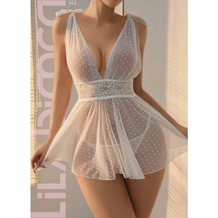 MARSiLYAN- Arias Closet Beyaz Dantel İşlemeli Puantiyeli Tül Fantezi Gecelik