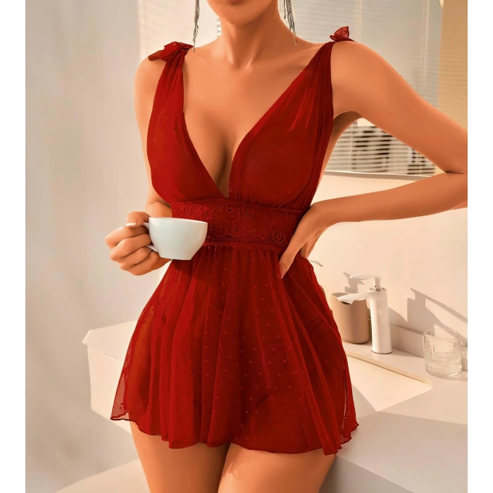 MARSiLYAN- Arias Closet Bordo Dantel İşlemeli Puantiyeli Tül Fantezi Gecelik