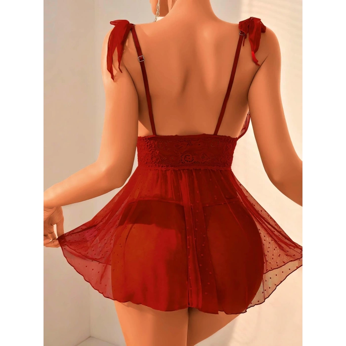 MARSiLYAN- Arias Closet Bordo Dantel İşlemeli Puantiyeli Tül Fantezi Gecelik