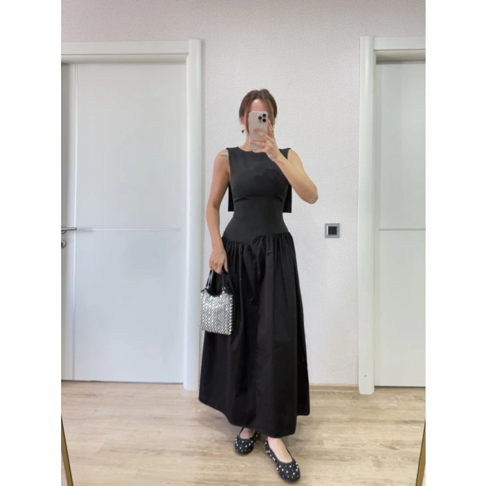 MARSiLYAN- Arkası Kanatlı Uzun Elbise- Siyah
