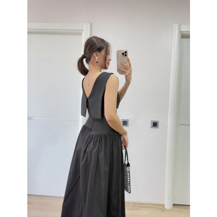 MARSiLYAN- Arkası Kanatlı Uzun Elbise- Siyah