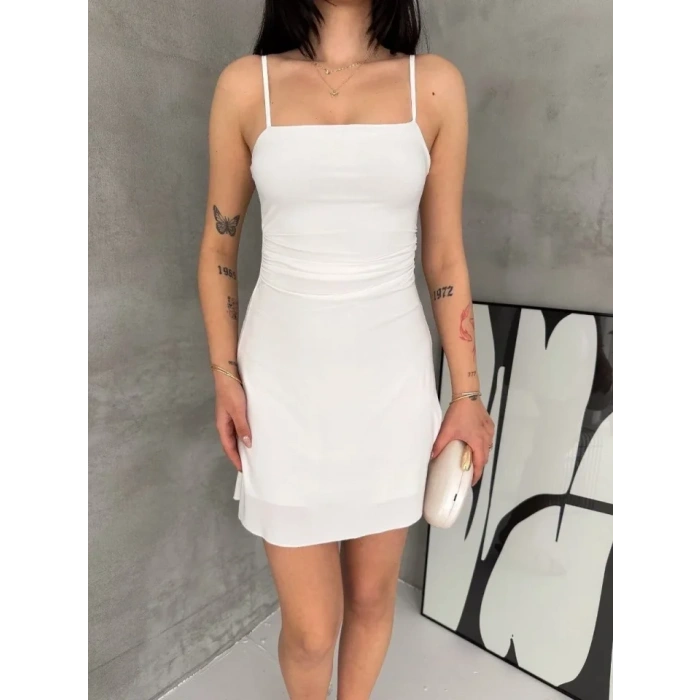 MARSiLYAN- Askılı Şifon Mini Elbise Drapeli Bel Vücuda Oturan Yazlık Şık - Beyaz