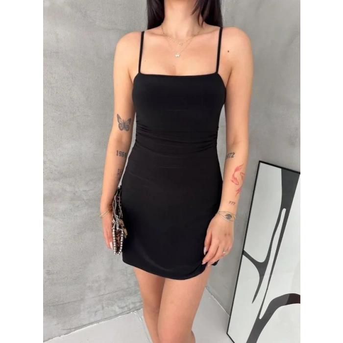 MARSiLYAN- Askılı Şifon Mini Elbise Drapeli Bel Vücuda Oturan Yazlık Şık - Siyah