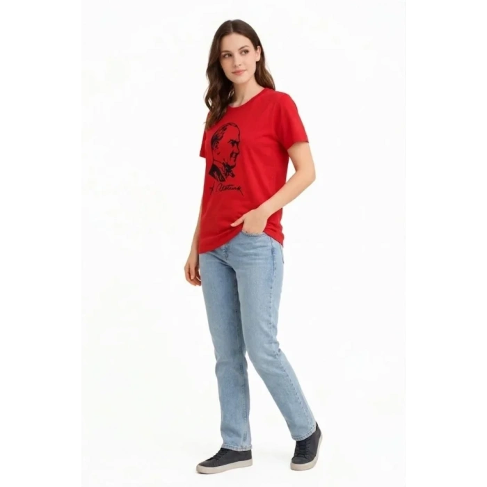MARSiLYAN- Atatürk Baskılı Tişört Kısa Kollu Bisiklet Yaka  T-Shirt - Kırmızı