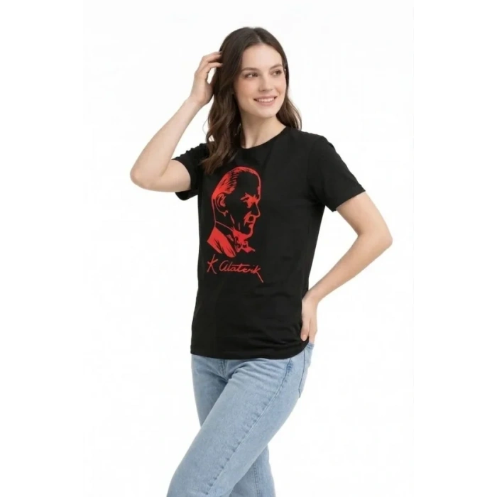 MARSiLYAN- Atatürk Baskılı Tişört Kısa Kollu Bisiklet Yaka  T-Shirt - Siyah