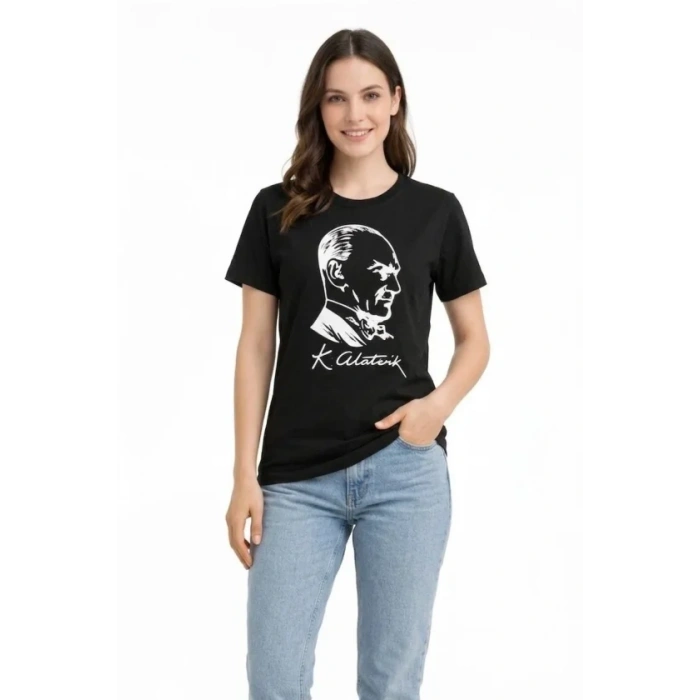 MARSiLYAN- Atatürk Baskılı Tişört Kısa Kollu Bisiklet Yaka T-Shirt - Siyah