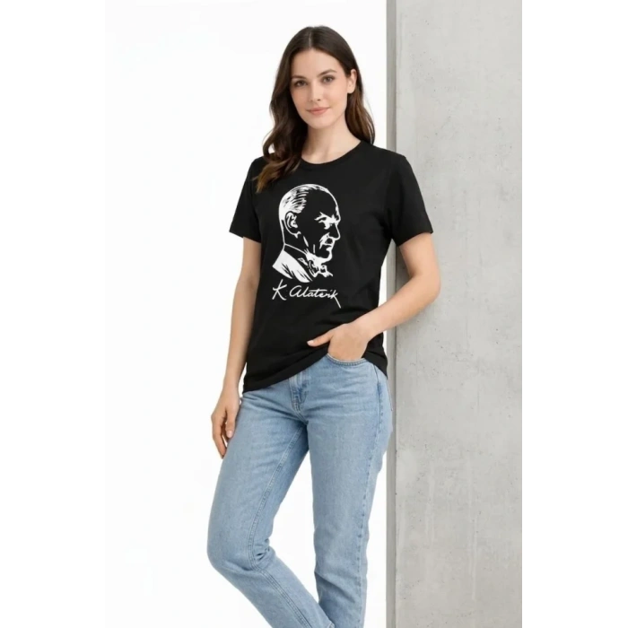 MARSiLYAN- Atatürk Baskılı Tişört Kısa Kollu Bisiklet Yaka T-Shirt - Siyah