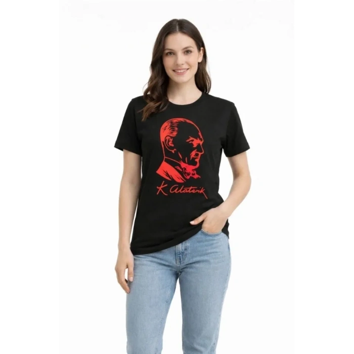MARSiLYAN- Atatürk Baskılı Tişört Kısa Kollu Bisiklet Yaka  T-Shirt - Siyah