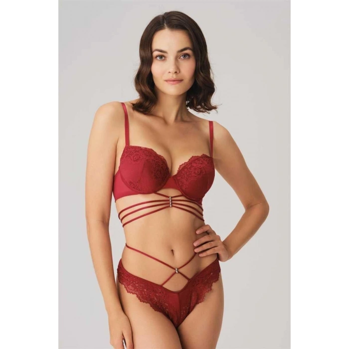 MARSiLYAN-  Balenli Destekli Dolgulu Göbek Detaylı Dantelli Sütyen ve String Takım