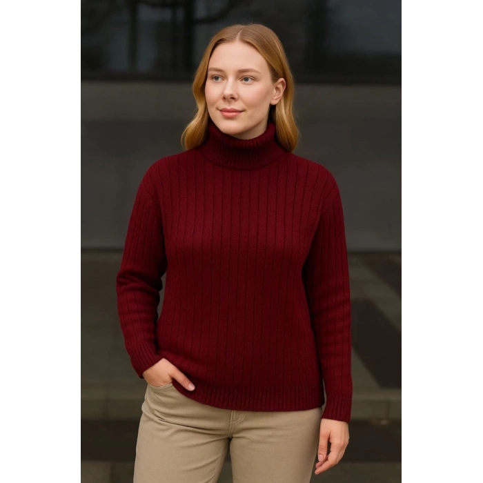 MARSiLYAN- Balıkcı Yaka Bağazlı Triko Kazak Pamuklu Kalın Fitilli Dokuma - Bordo