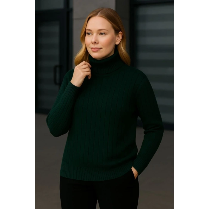 MARSiLYAN- Balıkcı Yaka Bağazlı Triko Kazak Pamuklu Kalın Fitilli Dokuma - Haki