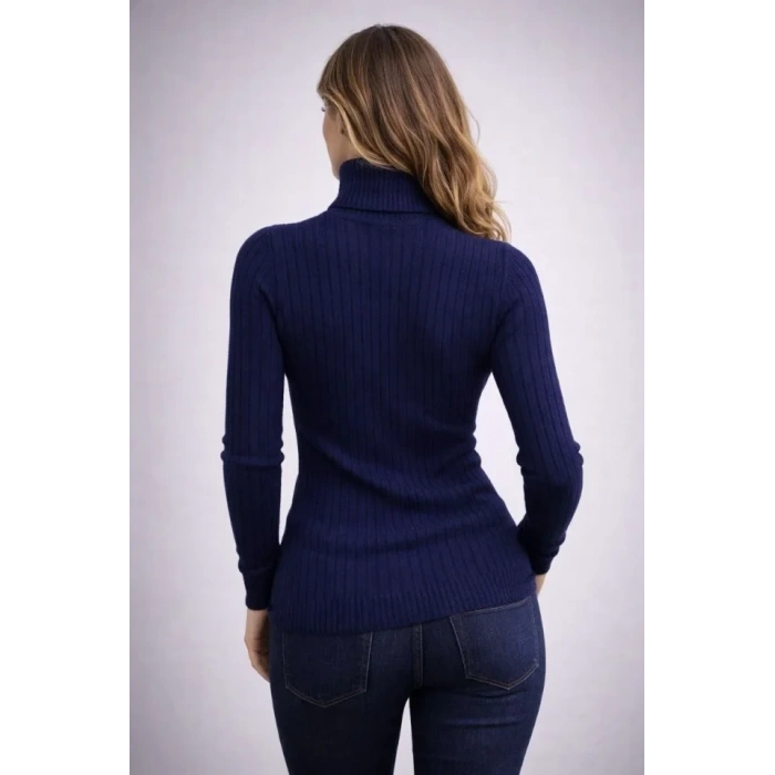 MARSiLYAN- Balıkcı Yaka Bağazlı Triko Kazak Pamuklu Kalın Fitilli Dokuma - Lacivert