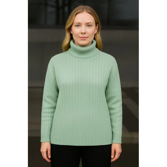 MARSiLYAN- Balıkcı Yaka Bağazlı Triko Kazak Pamuklu Kalın Fitilli Dokuma - Mint Yeşili