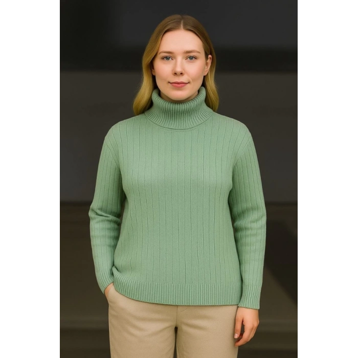 MARSiLYAN- Balıkcı Yaka Bağazlı Triko Kazak Pamuklu Kalın Fitilli Dokuma - Mint Yeşili