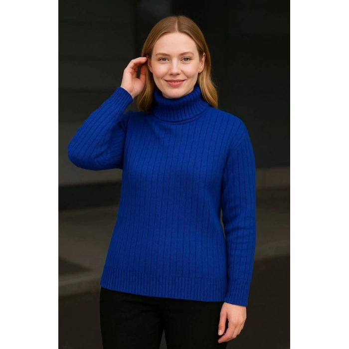 MARSiLYAN- Balıkcı Yaka Bağazlı Triko Kazak Pamuklu Kalın Fitilli Dokuma - Saks Mavisi