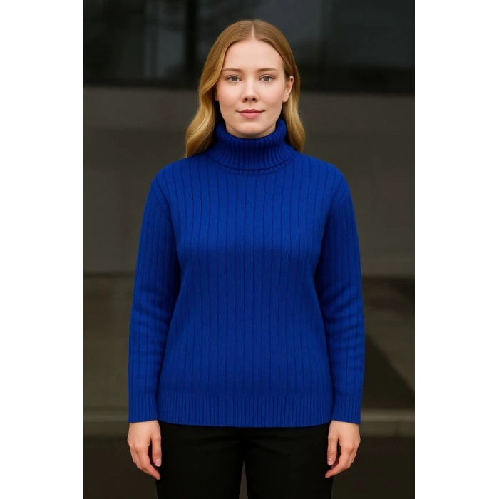 MARSiLYAN- Balıkcı Yaka Bağazlı Triko Kazak Pamuklu Kalın Fitilli Dokuma - Saks Mavisi