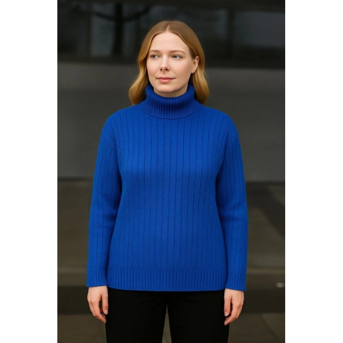 MARSiLYAN- Balıkcı Yaka Bağazlı Triko Kazak Pamuklu Kalın Fitilli Dokuma - Saks Mavisi