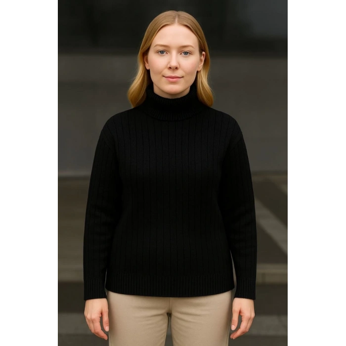 MARSiLYAN- Balıkcı Yaka Bağazlı Triko Kazak Pamuklu Kalın Fitilli Dokuma - Siyah