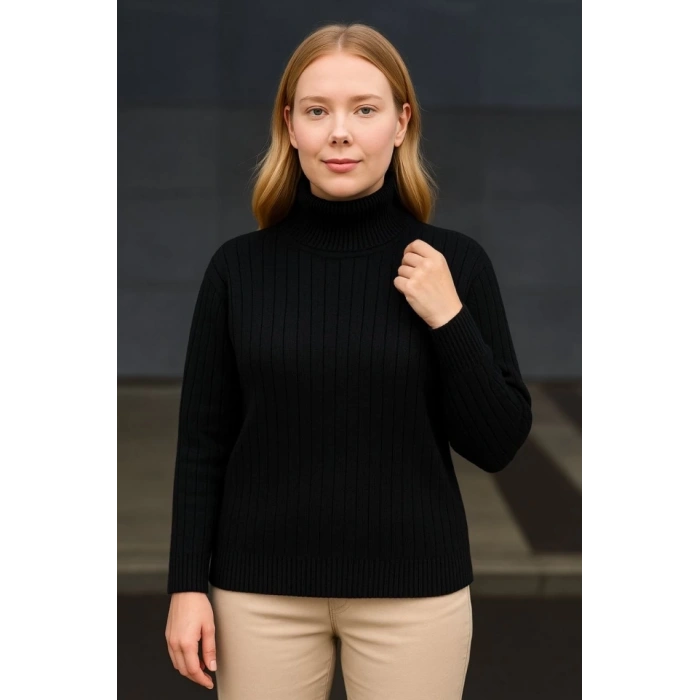 MARSiLYAN- Balıkcı Yaka Bağazlı Triko Kazak Pamuklu Kalın Fitilli Dokuma - Siyah