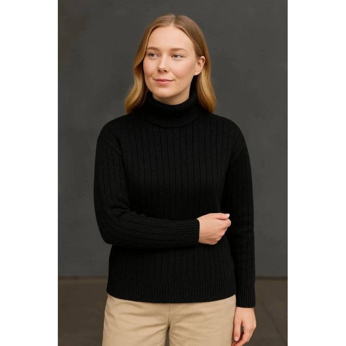 MARSiLYAN- Balıkcı Yaka Bağazlı Triko Kazak Pamuklu Kalın Fitilli Dokuma - Siyah