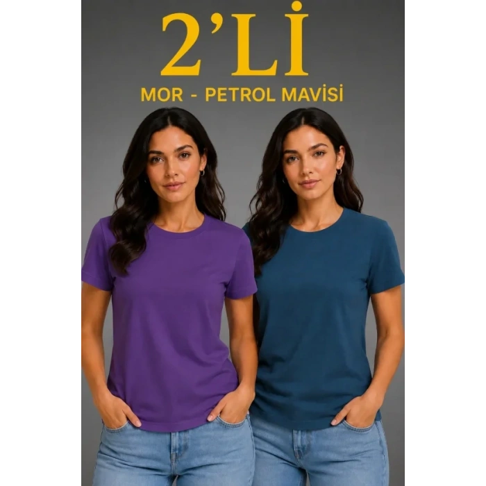 MARSiLYAN- Basic Bisiklet Yaka Yazlık Slim Fit T-Shirt - Mor - Petrol Mavisi