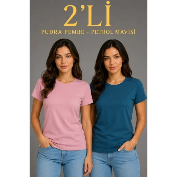 MARSiLYAN- Basic Bisiklet Yaka Yazlık Slim Fit T-Shirt - Pudra Pembe - Petrol Mavi