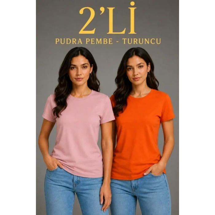 MARSiLYAN- Basic Bisiklet Yaka Yazlık Slim Fit T-Shirt - Pudra Pembe - Turuncu