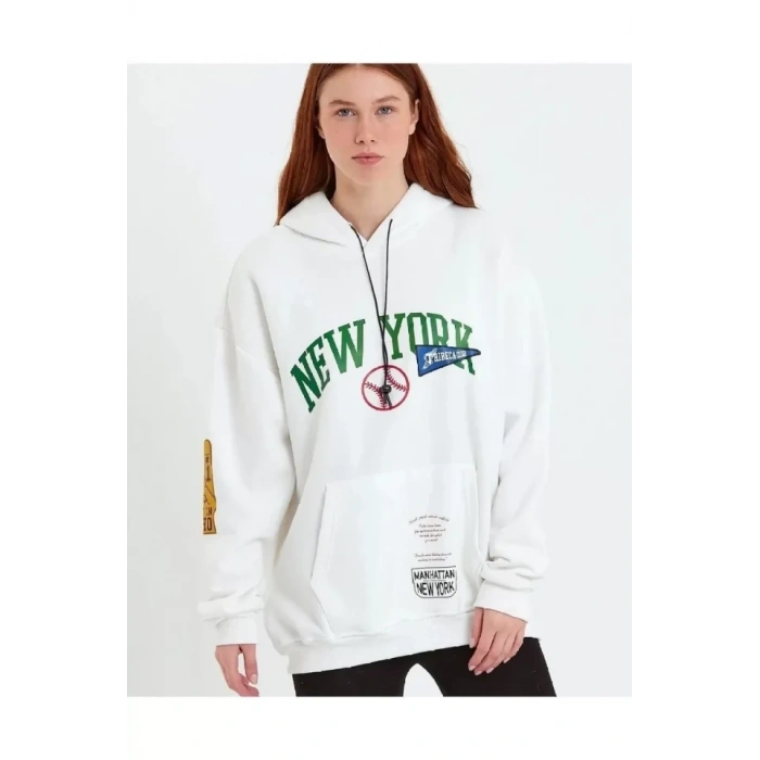 MARSiLYAN- Baskılı Kapüşonlu Sweatshirt - Beyaz