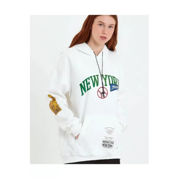 MARSiLYAN- Baskılı Kapüşonlu Sweatshirt - Beyaz