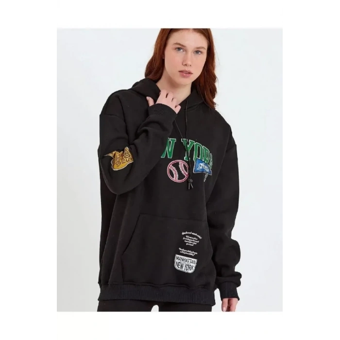 MARSiLYAN- Baskılı Kapüşonlu Sweatshirt - Siyah