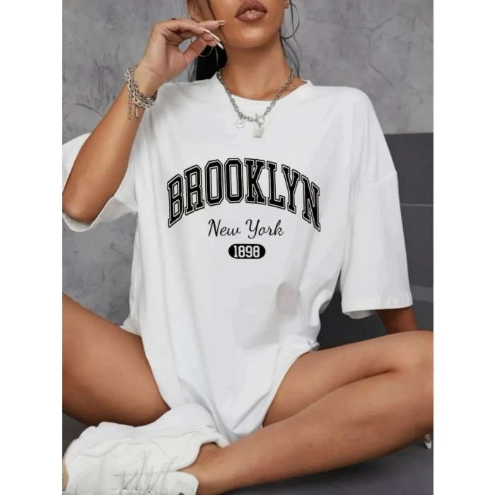 MARSiLYAN- Baskılı Oversize Bisiklet Yaka T-shirt - Beyaz