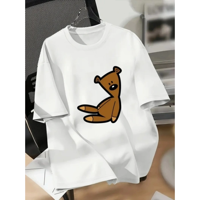 MARSiLYAN- Baskılı Oversize Bisiklet Yaka T-shirt - Beyaz