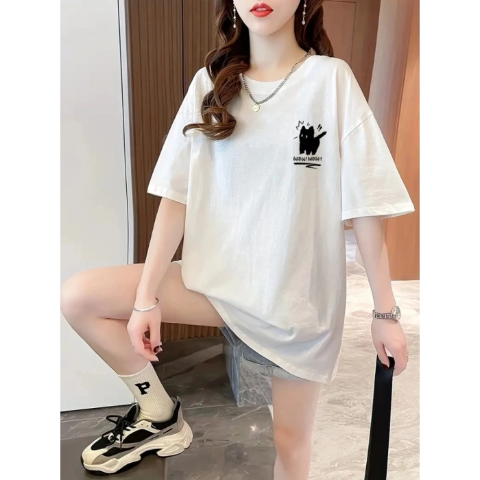 MARSiLYAN- Baskılı Oversize Bisiklet Yaka T-shirt - Beyaz