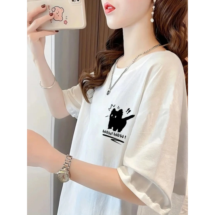 MARSiLYAN- Baskılı Oversize Bisiklet Yaka T-shirt - Beyaz