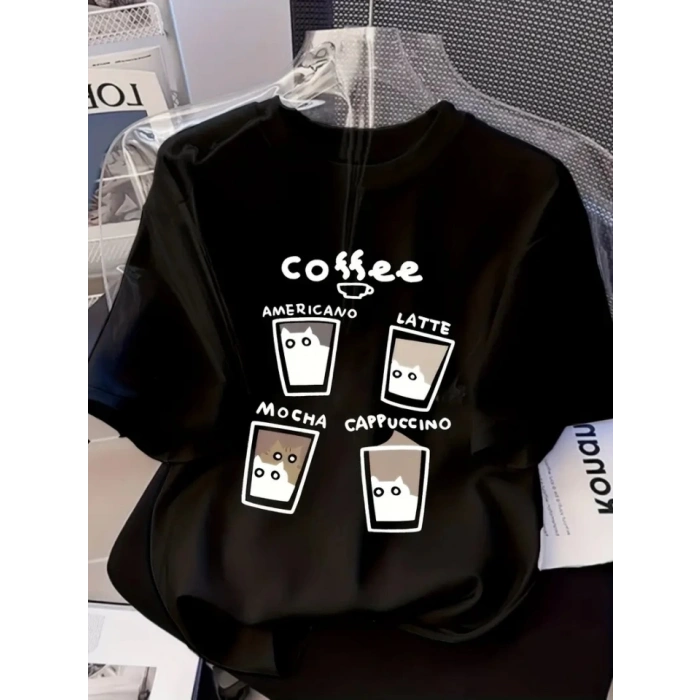MARSiLYAN- Baskılı Oversize Bisiklet Yaka T-shirt - Siyah