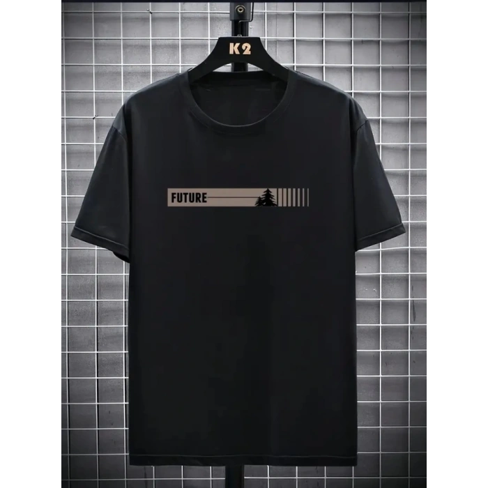 MARSiLYAN- Baskılı Oversize Bisiklet Yaka T-shirt - Siyah