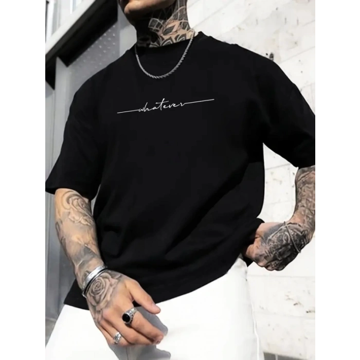 MARSiLYAN- Baskılı Oversize Bisiklet Yaka T-shirt - Siyah
