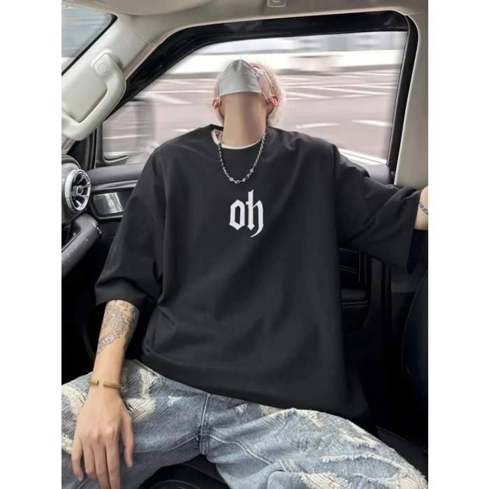 MARSiLYAN- Baskılı Oversize Bisiklet Yaka T-shirt - Siyah