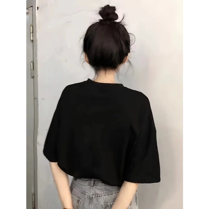 MARSiLYAN- Baskılı Oversize Bisiklet Yaka T-shirt - Siyah