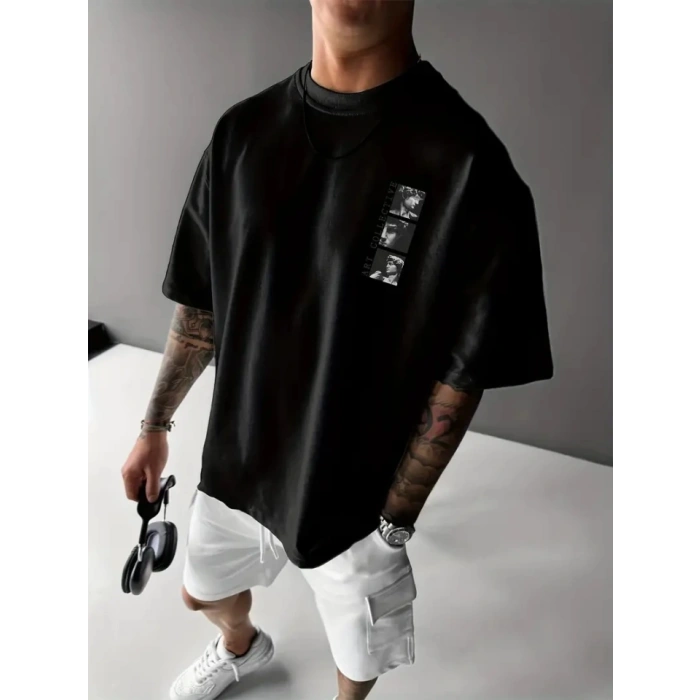 MARSiLYAN- Baskılı Oversize Bisiklet Yaka T-shirt - Siyah