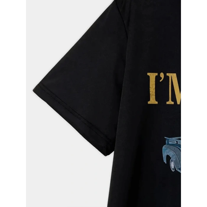 MARSiLYAN- Baskılı Oversize Bisiklet Yaka T-shirt - Siyah